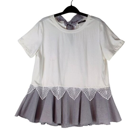 Shein Blouse Ruffel & Lace Edging Flair Cotton Cottage Preppy Bow in Back - Picture 1 of 9